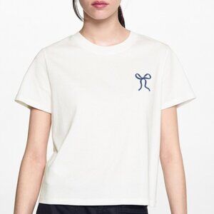 Mango Blue Velvet Bow Cotton T Shirt White Medium